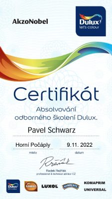 Certifikát o odborném školení Dulux 2022
